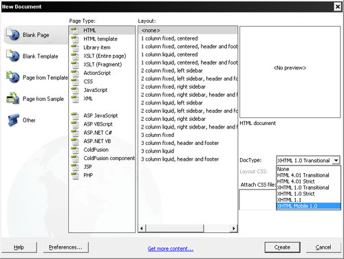 Dreamweaver позволяет определить новые файлы как документы XHTML Mobile. Лучше не использовать шаблоны