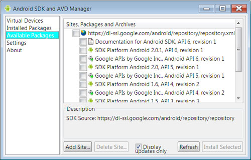 После загрузки Android SDK, откройте менеджер и скачайте платформы, которые вы хотите. Google API, необходимы для разработки с использованием сервисов Google